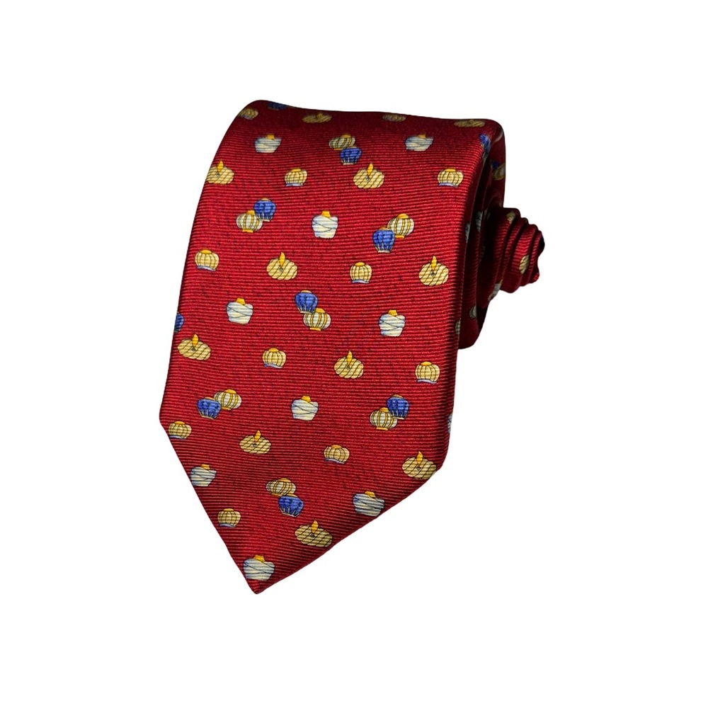BVLGARI mens red Arab turban print 100% silk 7-fold luxury neck tie EUC